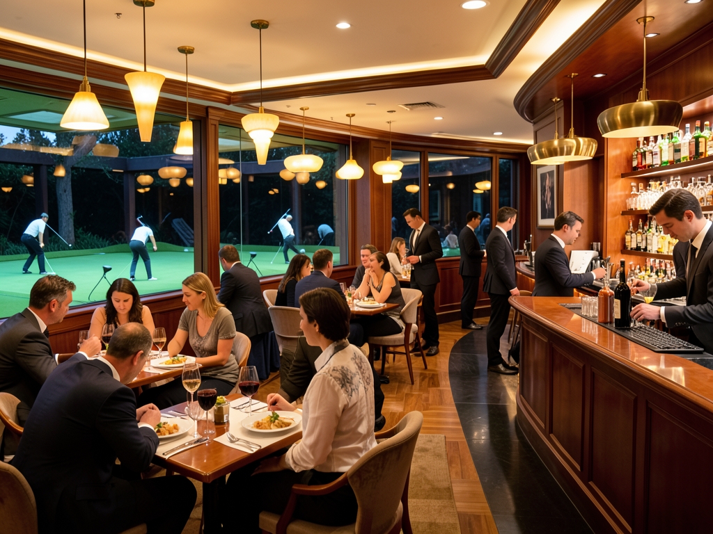 Busy upscale dining room with indoor golf bays