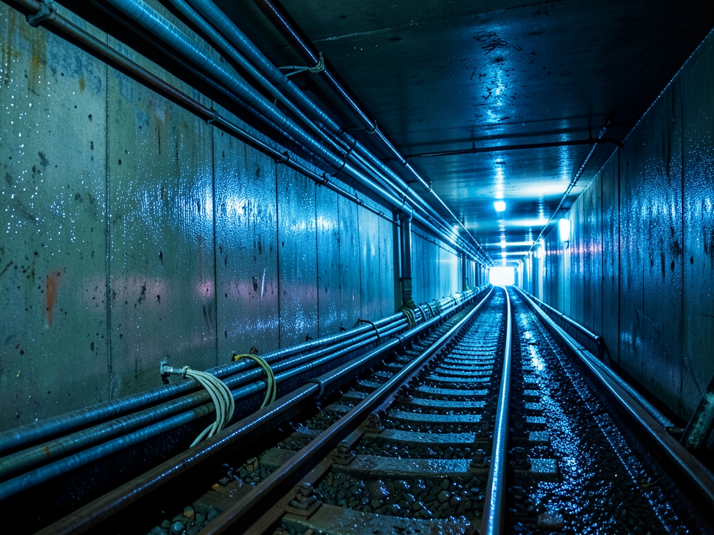 dimly underground service tunnel beneath dense Asian metropolis