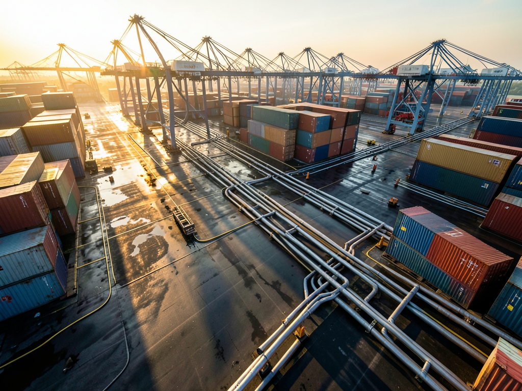 Aerial view sprawling Southeast Asian container port dawn