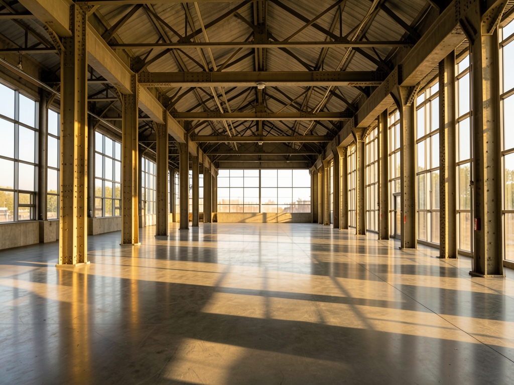 vast sunlit industrial atrium with polished concrete floors