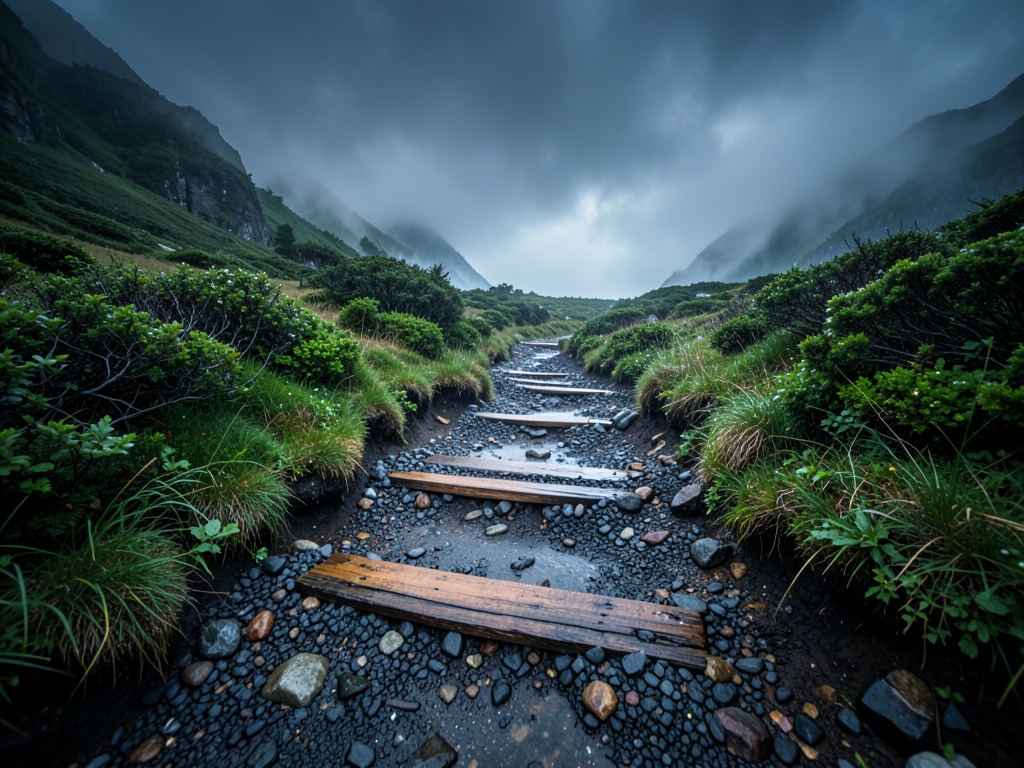 narrow rain slicked mountain trail with loose gravel temporary