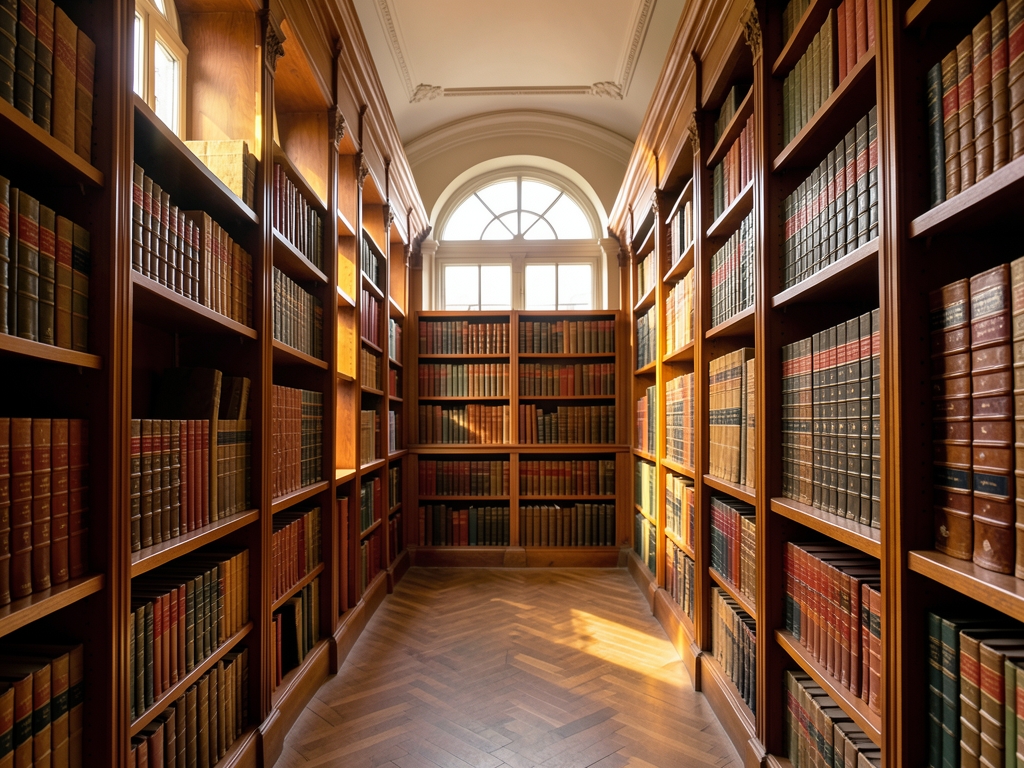 quiet archive hall lined with towering wooden shelves