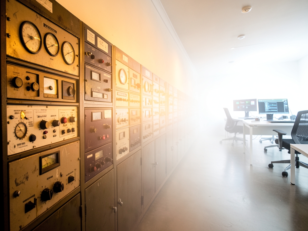long corridor glowing amber lit analog consoles fading into