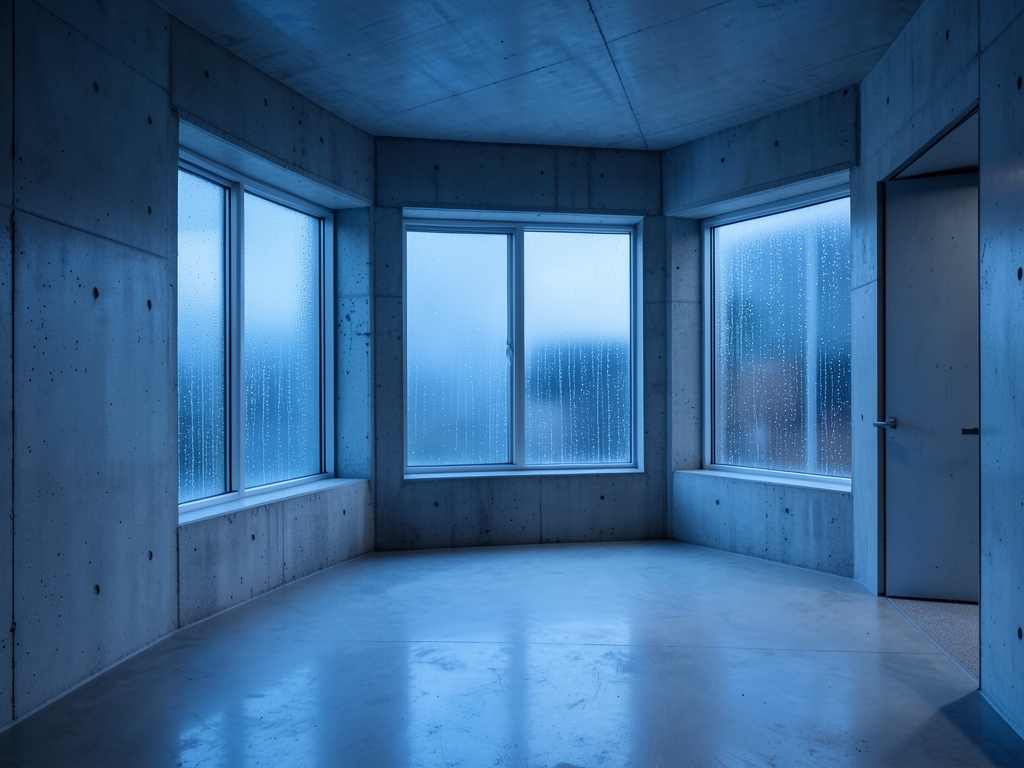 minimalist concrete recording studio dusk with soft blue