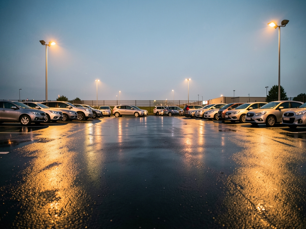 dimly parking dusk asphalt reflecting faint amber light