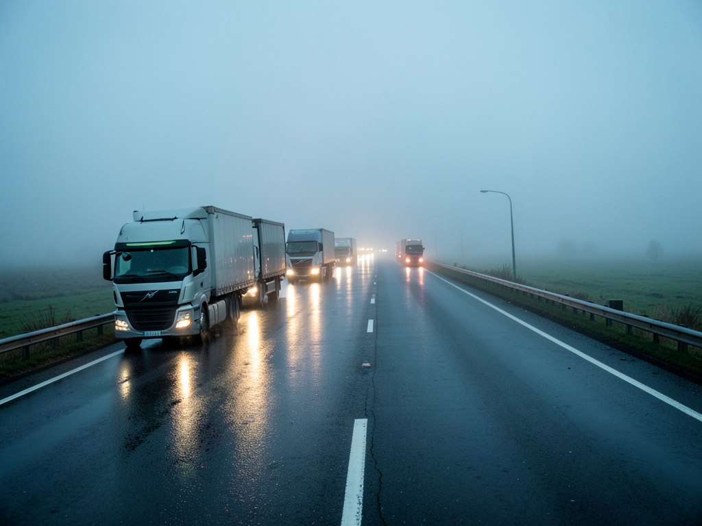 long rain slicked highway vanishing into low hanging fog convoy