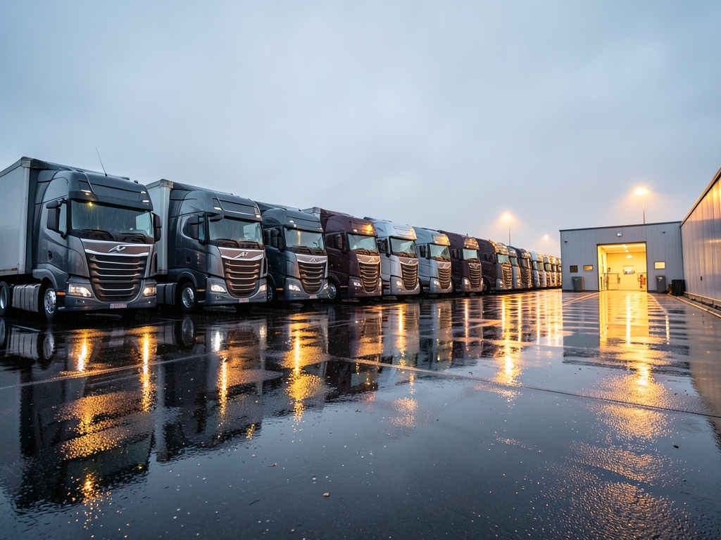 vast rain slicked autonomous truck depot dawn rows electric