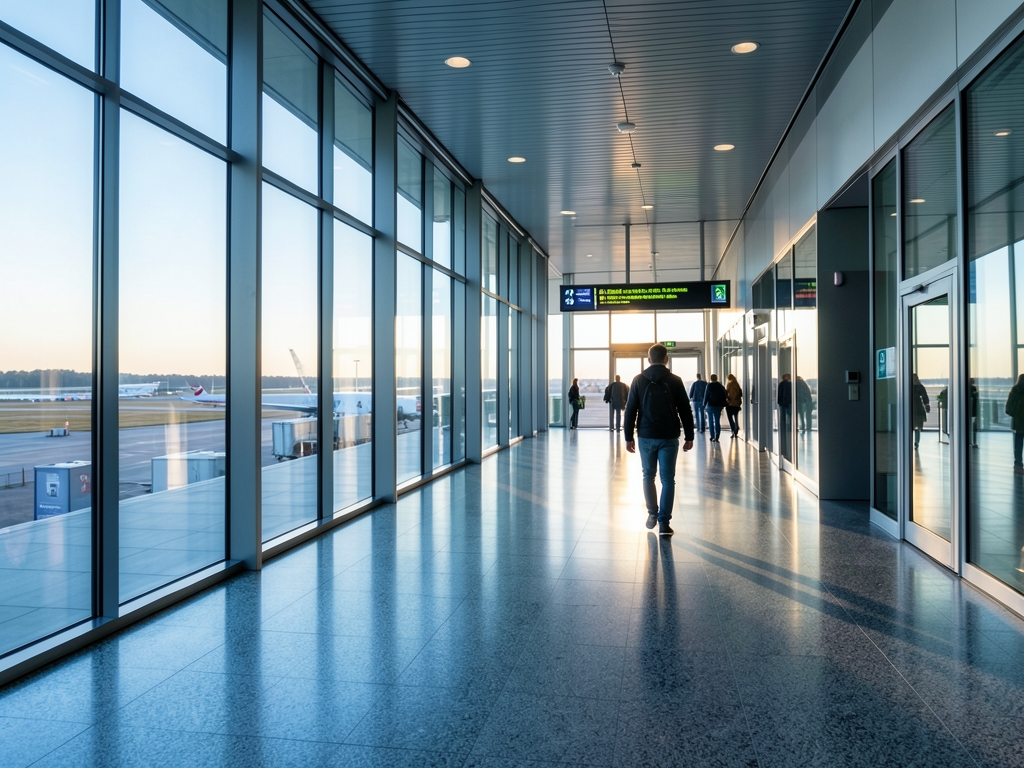 traveler walks through modern European airport corridor toward