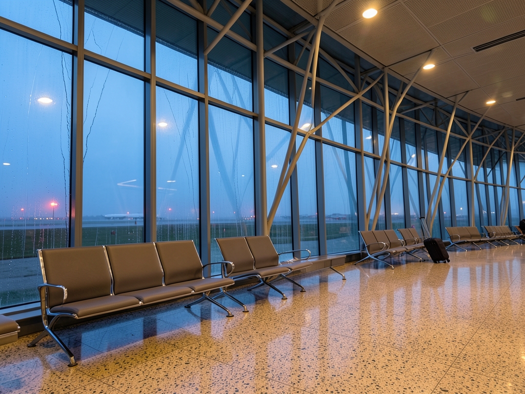 Blue hour vast airport terminal rain streaked glass curtain