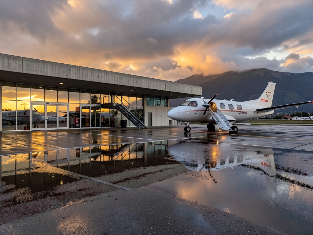 Dawn after storm regional airport asphalt puddles mirroring