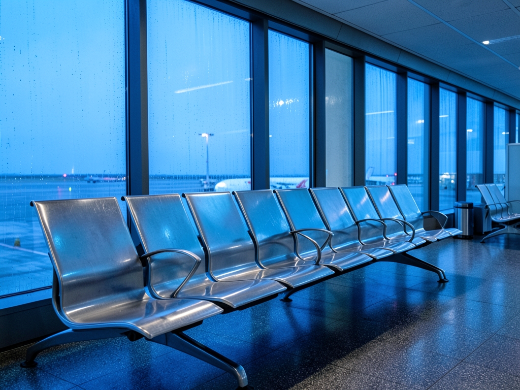 Empty airport gate lounge with rows metal seats