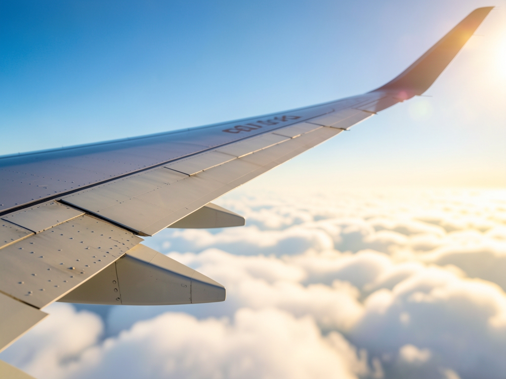 Sunlit airplane wing over soft white clouds under