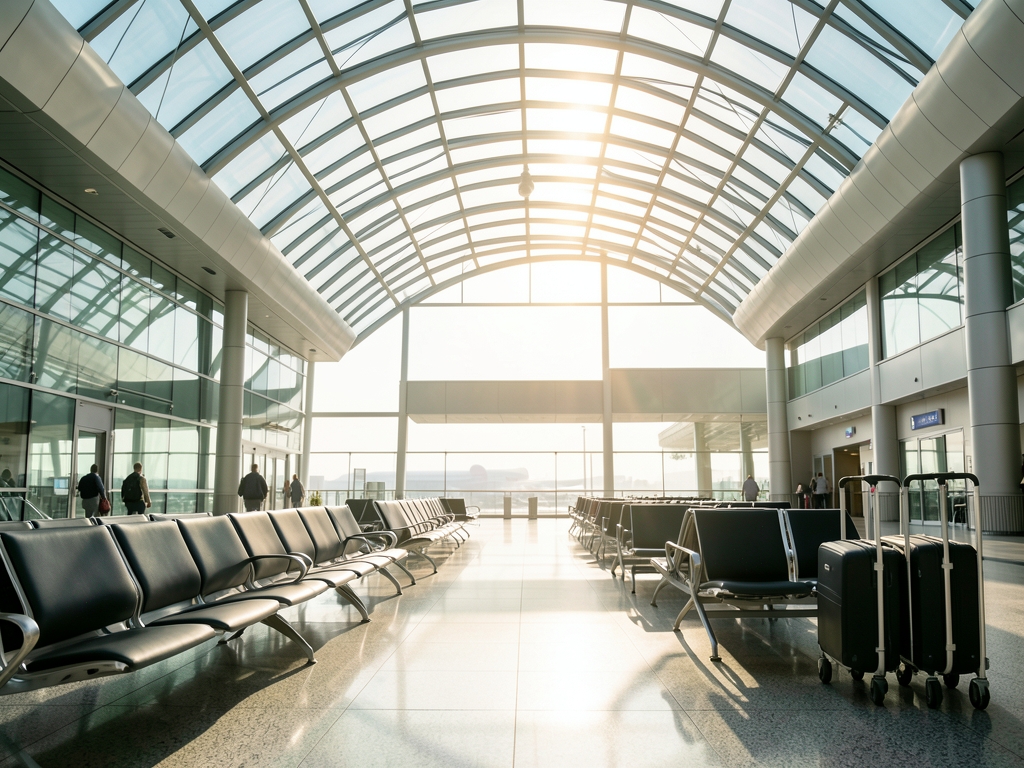 Sunlight streams through curved glass ceiling modern airport