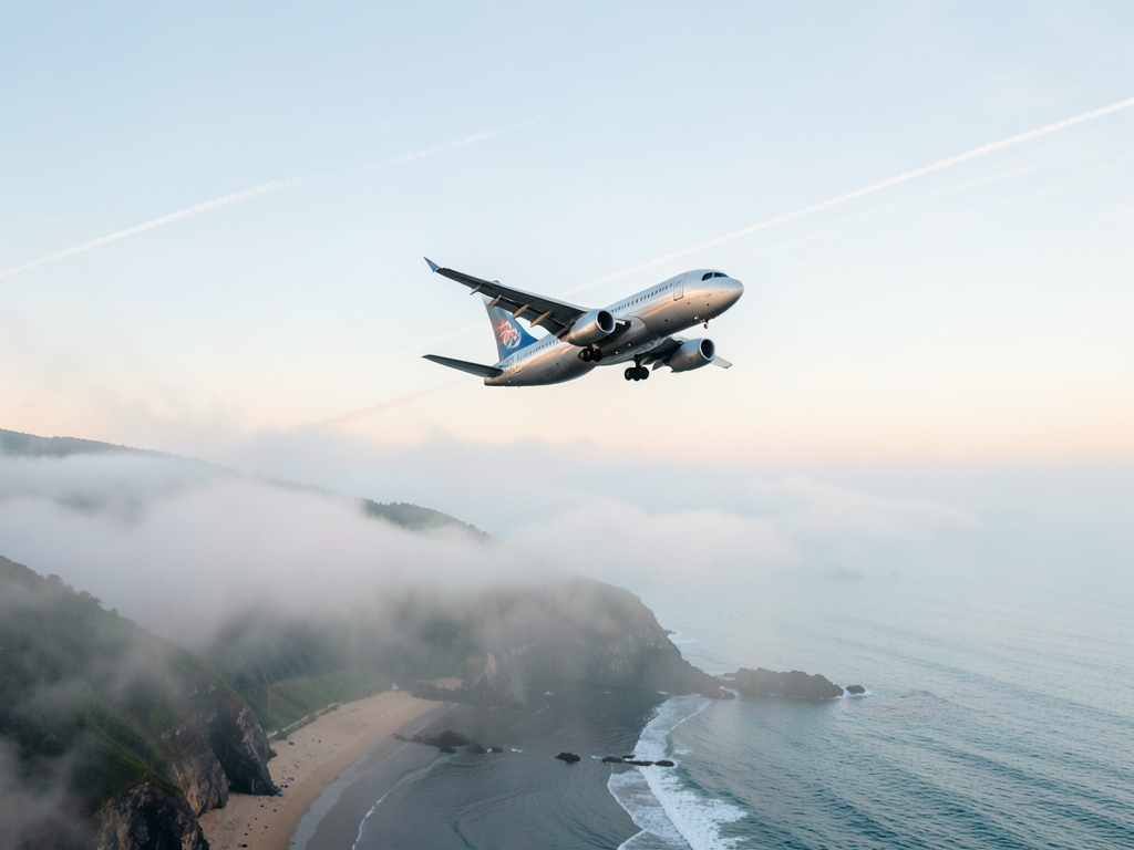 Single airplane climbing through layered morning above coastline