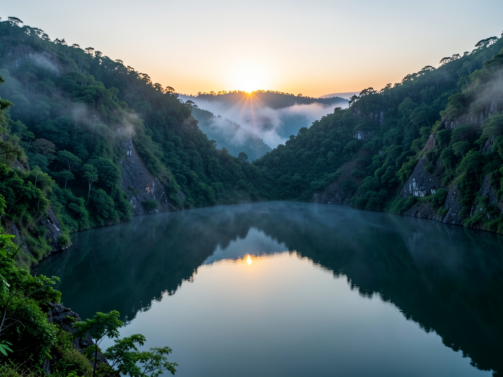 hushed dawn settles over Lake Coatepeque where thick
