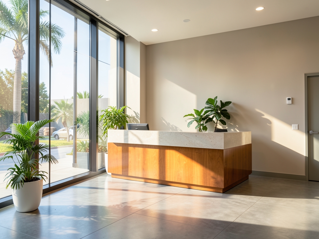 Sunlight streams through glass facade modern clinic illuminating