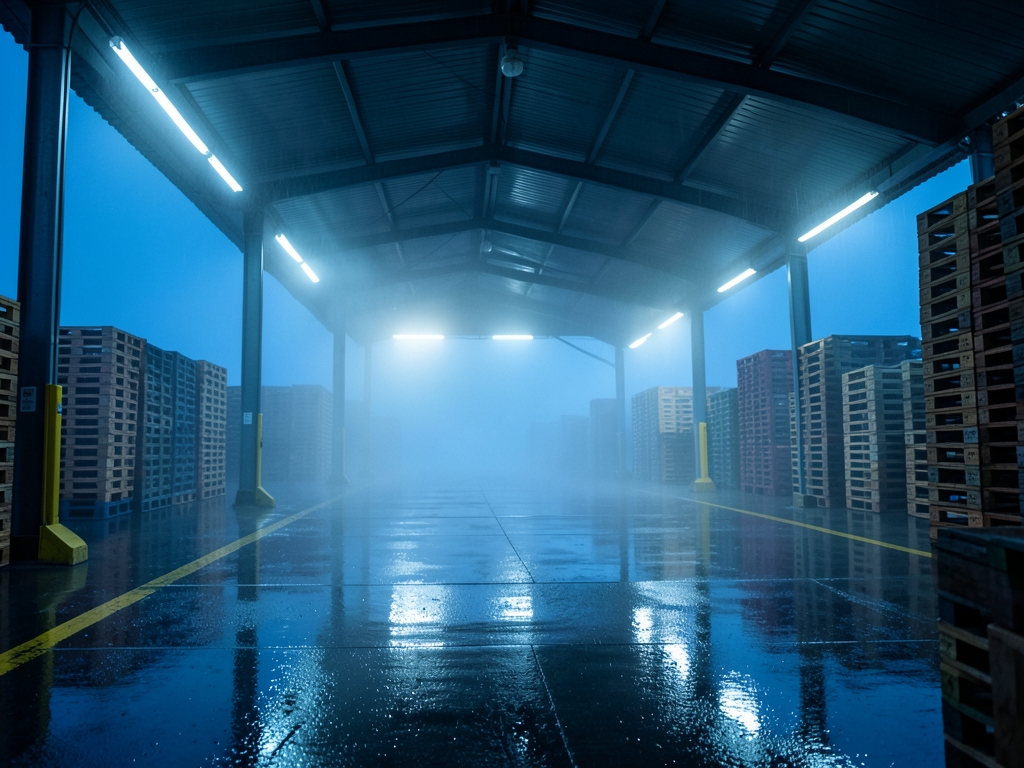 Rain slicked loading dock modern facility blue hour cold