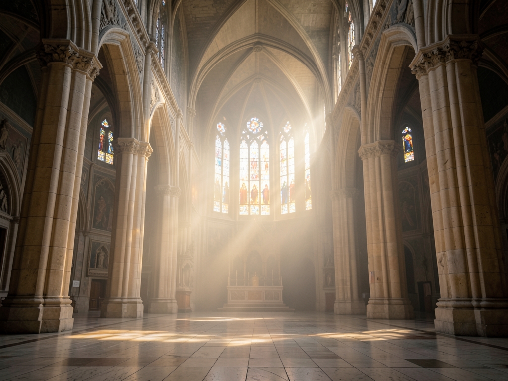 vast stone cathedral with tall arched windows casting