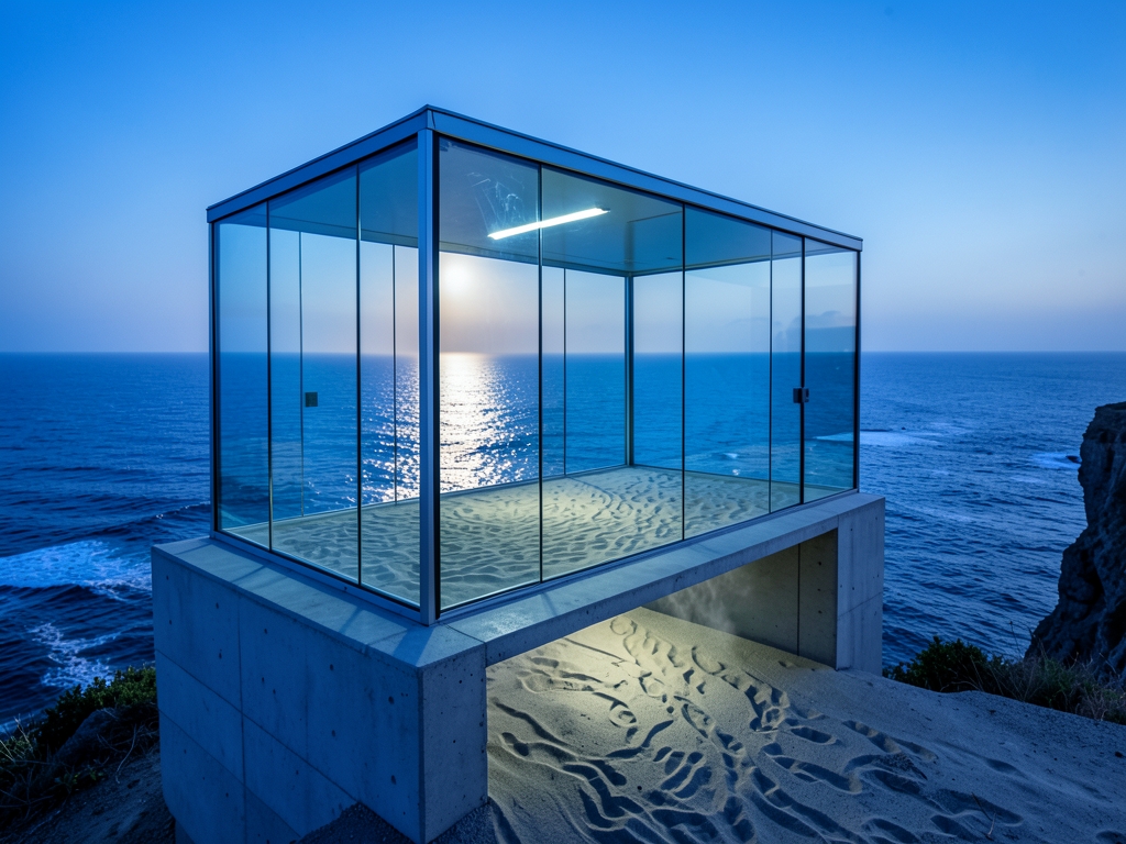 minimalist glass pavilion coastal cliff dusk sharp reflections