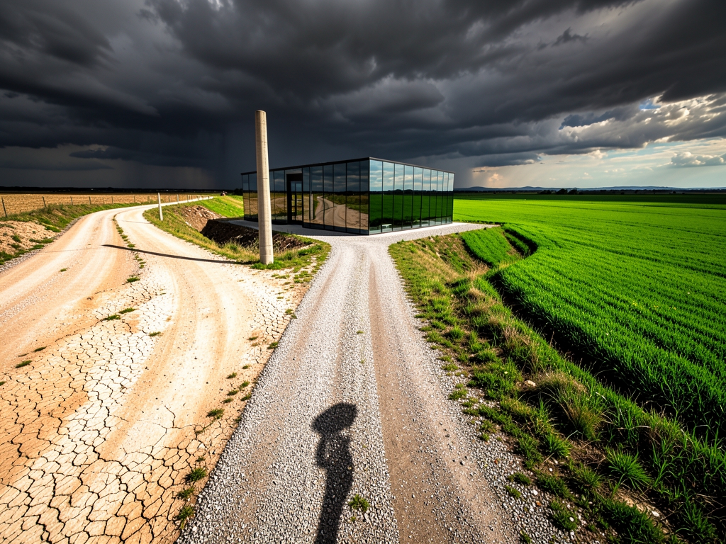 Aerial view winding gravel road leading sleek glass