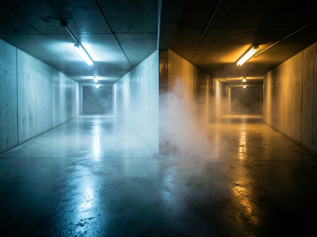 empty industrial corridor with glossy concrete floors splitting