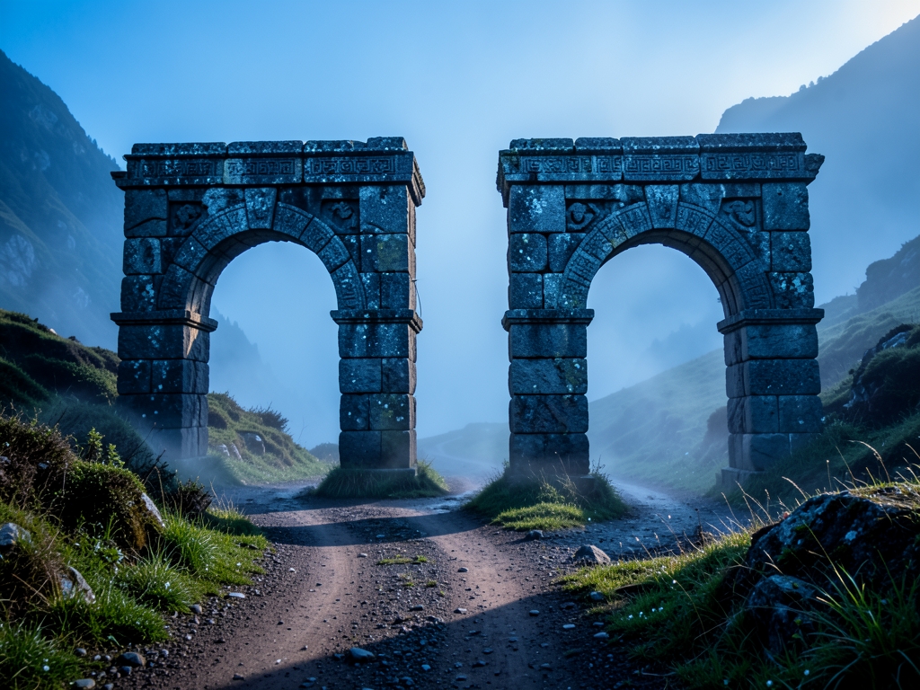 misty mountain valley dawn where dirt path winds