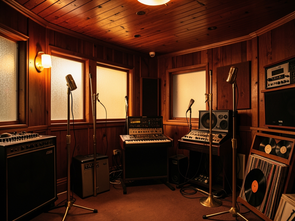 dimly vintage recording studio with warm wood paneling
