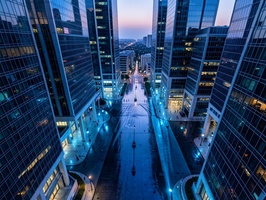 Aerial view modern financial district twilight where towering