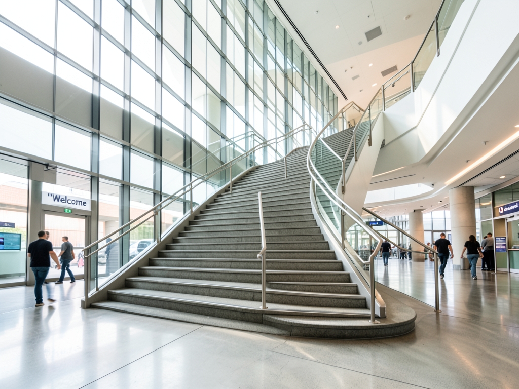 Sleek glass corporate atrium bathed crisp morning light