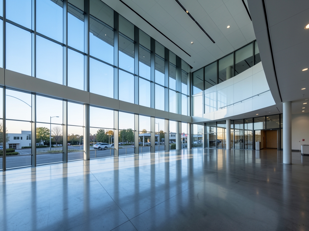 vast glass walled atrium flooded with cool morning light