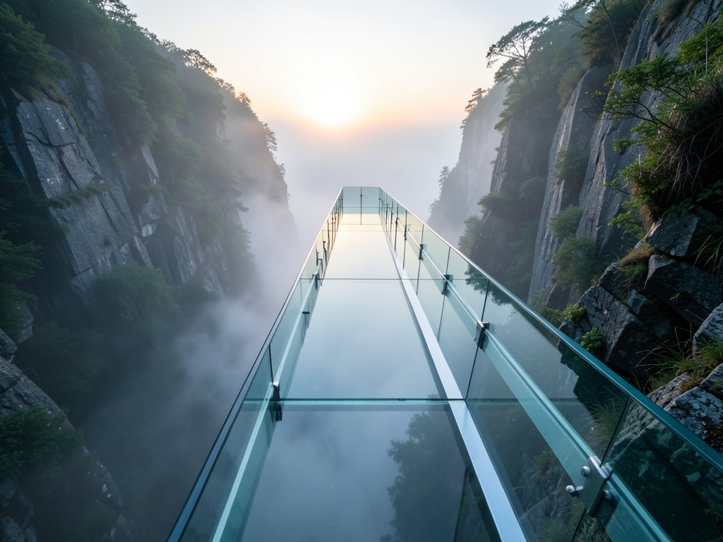 narrow glass bridge spanning misty ravine dawn soft