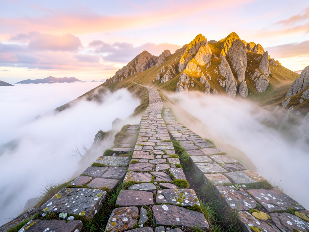 Four parallel stone footpaths crossing misty highland valley