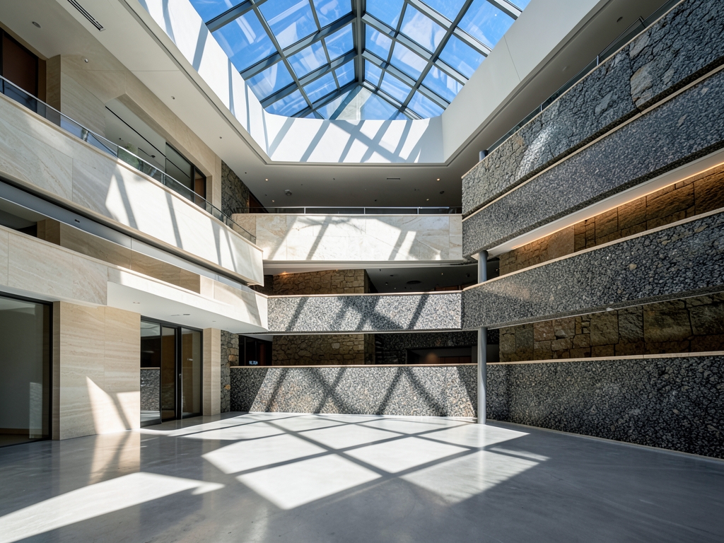 Sunlight streams through tiered glass atrium where four