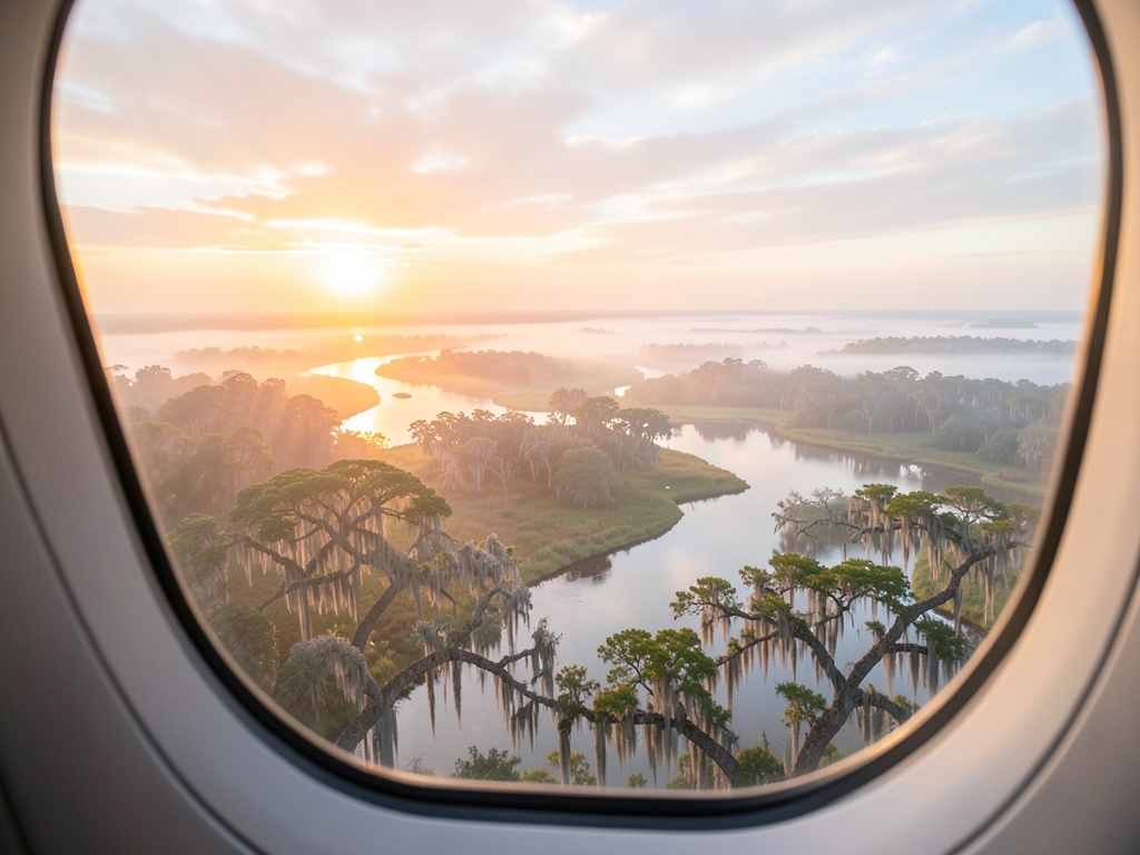 Golden hour aerial view from airplane window over misty