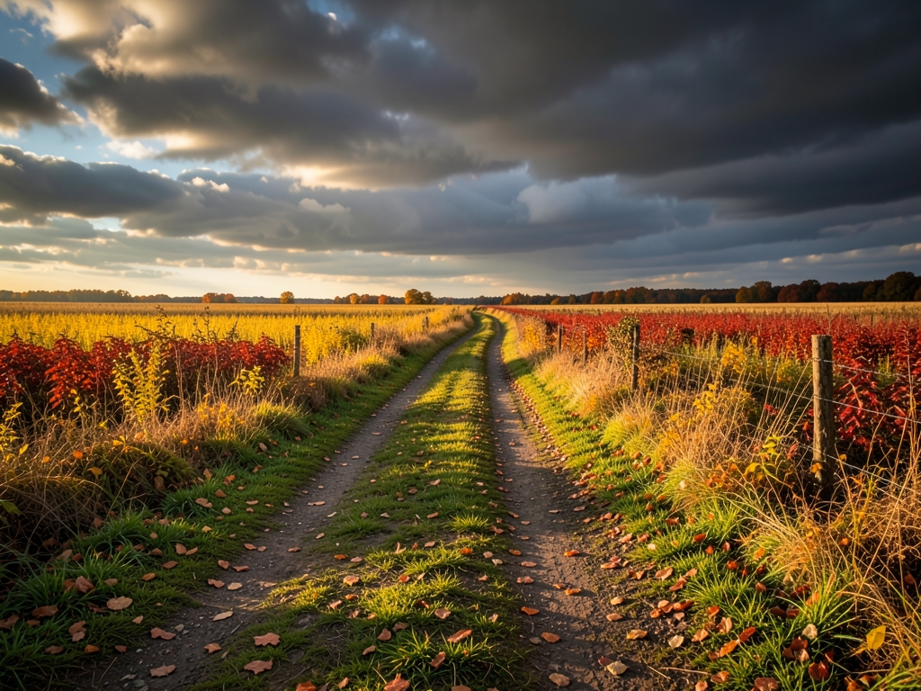Quiet countryside path forking through open autumn fields