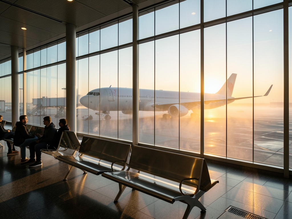 Sunrise airport terminal with glass walls overlooking parked