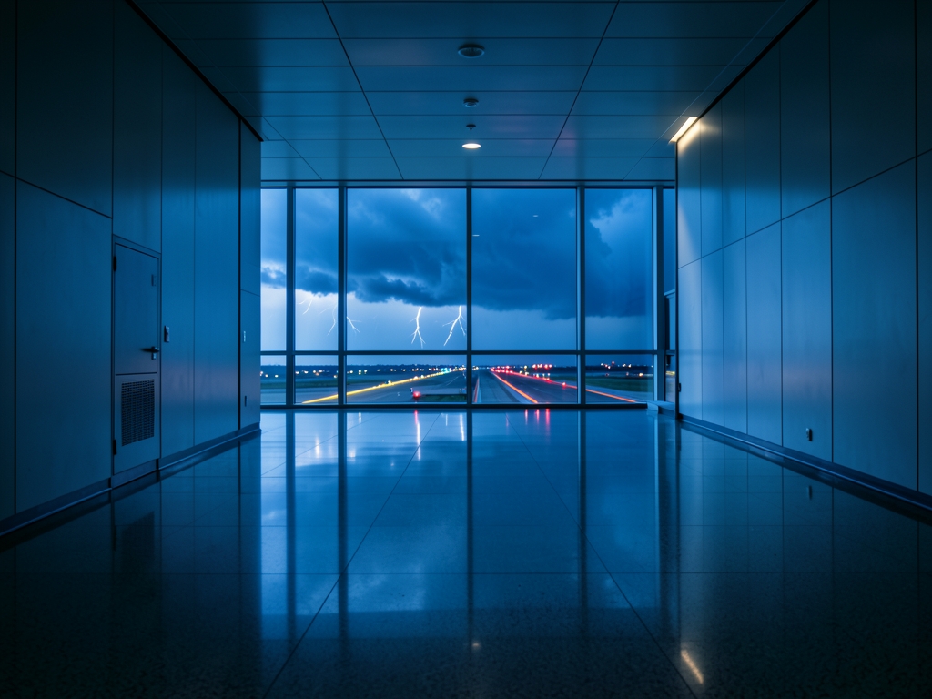 Empty airport corridor dusk leading large windows with