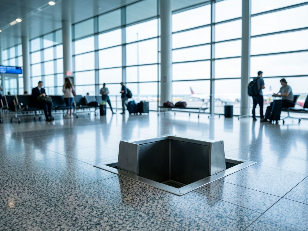 Quiet airport departure hall with compact steel baggage sizing
