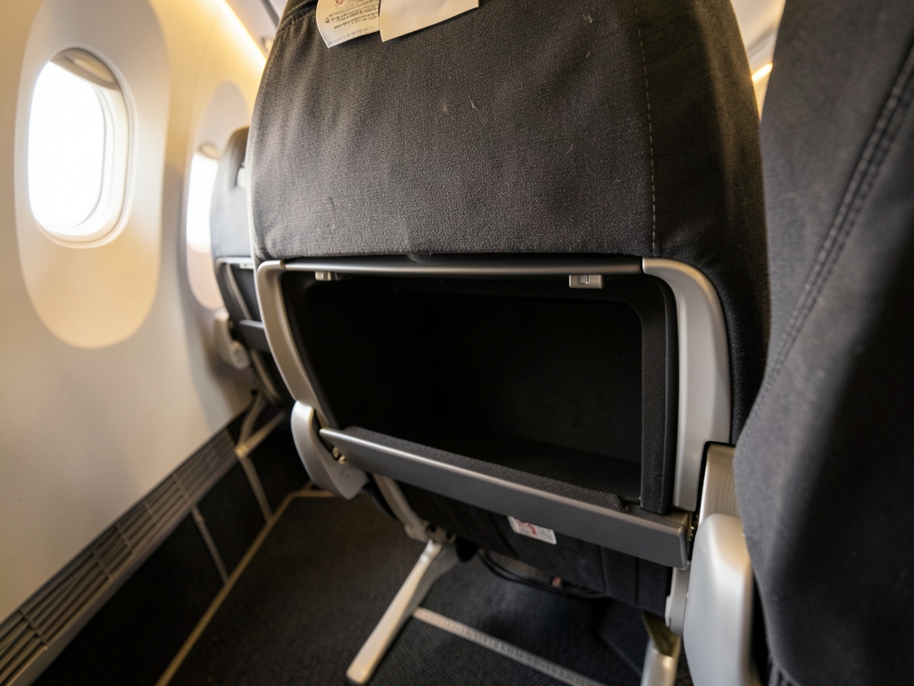 Airplane cabin with shallow under seat storage space charcoal