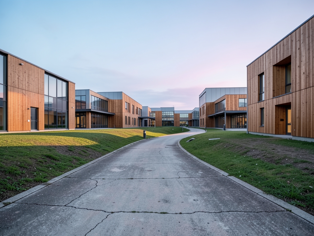 Winding pathway through modern factory campus dawn with