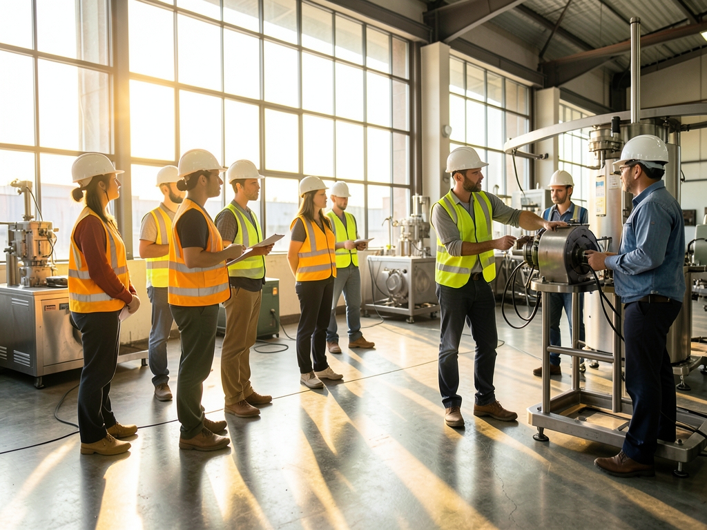 Sunlit industrial training workshop with concrete floors glass