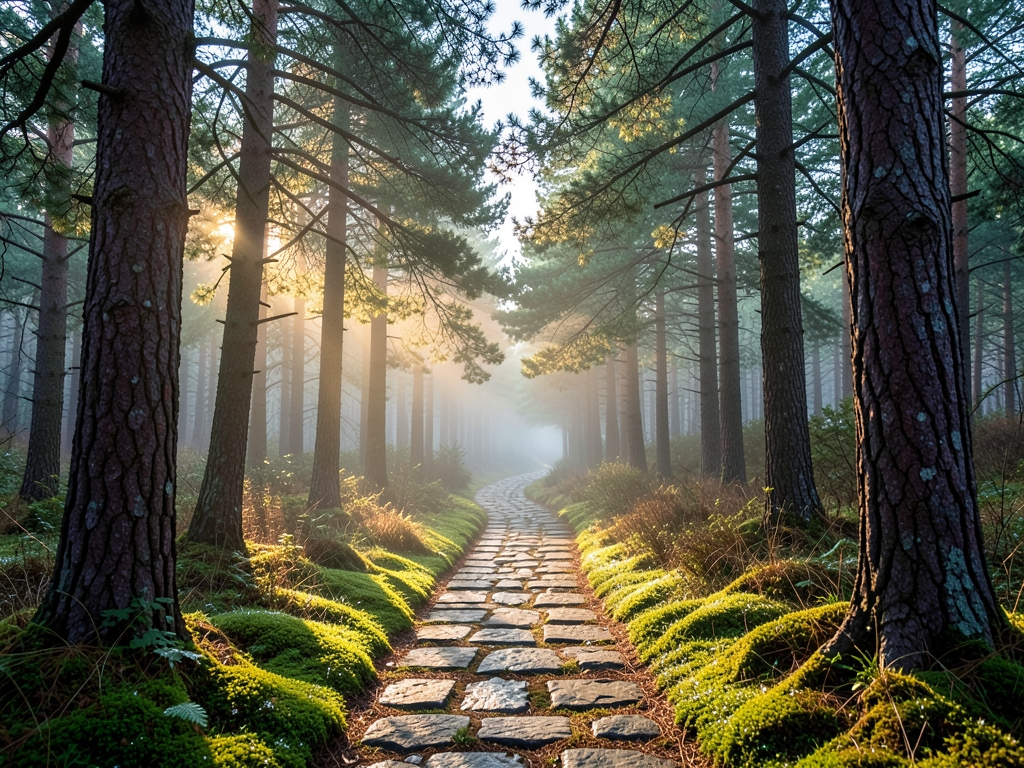 narrow stone path winding through misty pine forest