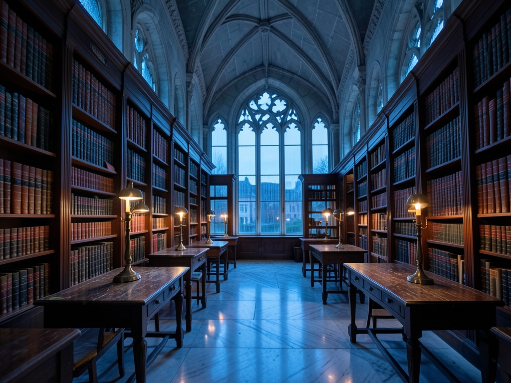 vast marble library twilight rain streaking tall arched