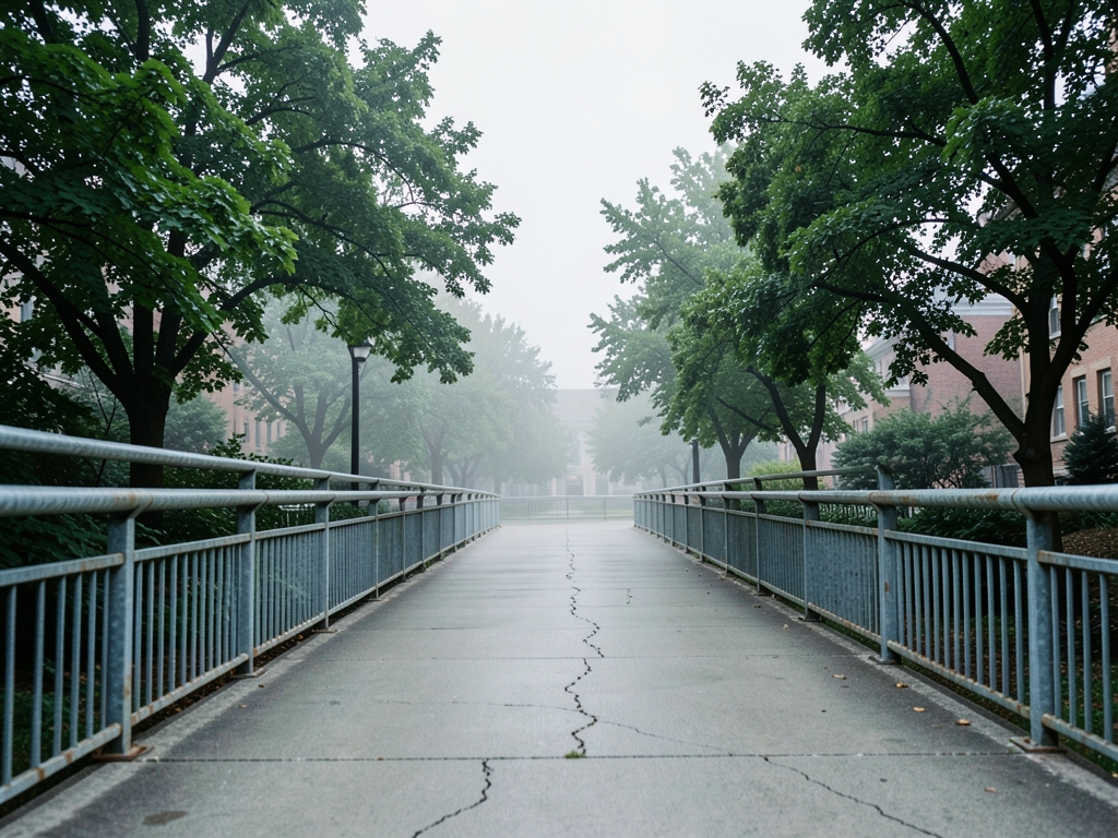 Prompt Place Boston campus walkway Weather misty overcast