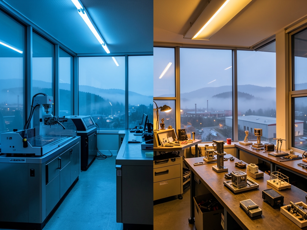 split level workshop overlooking misty industrial valley dusk half