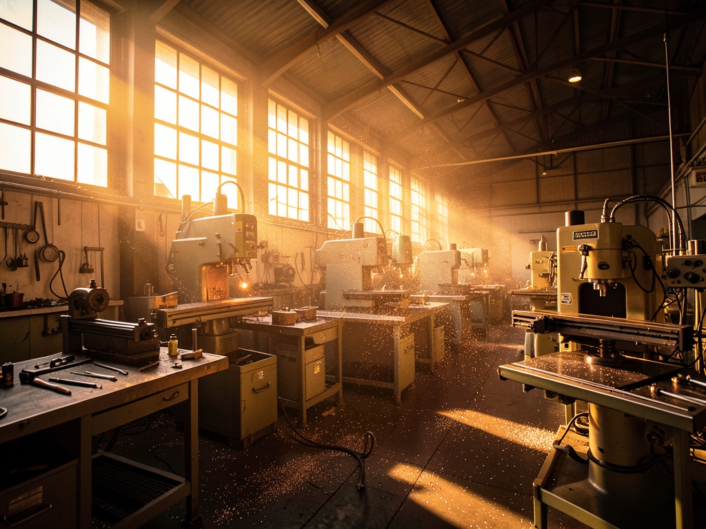 sprawling high ceilinged machine shop dawn amber light spilling