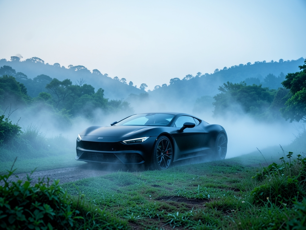sleek matte black aerodynamic vehicle glides through misty dawn
