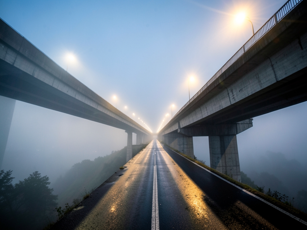 long concrete overpass arches over fog choked valley with