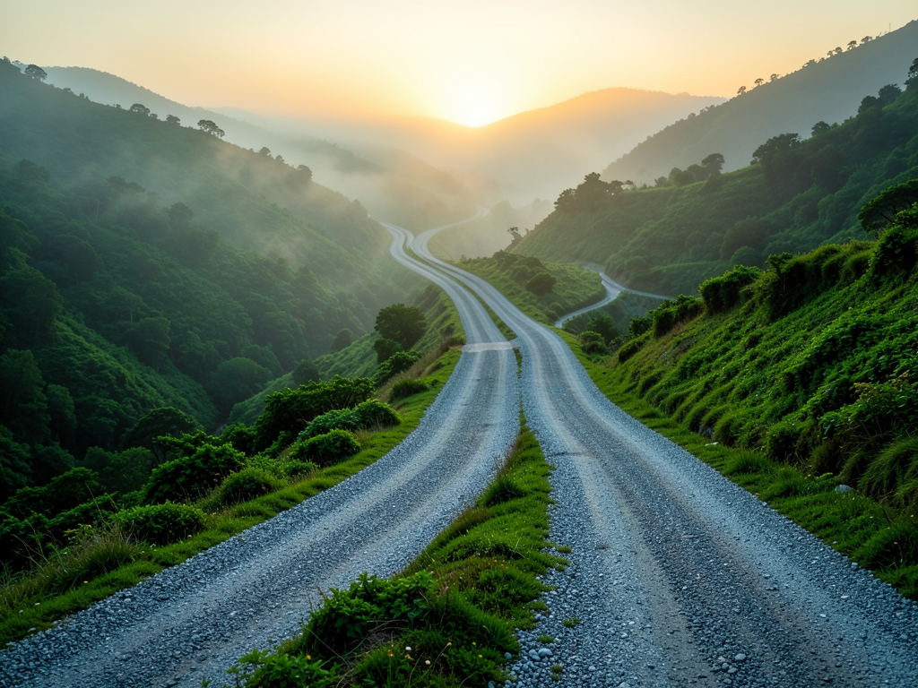 Several parallel gravel tracks winding through misty green