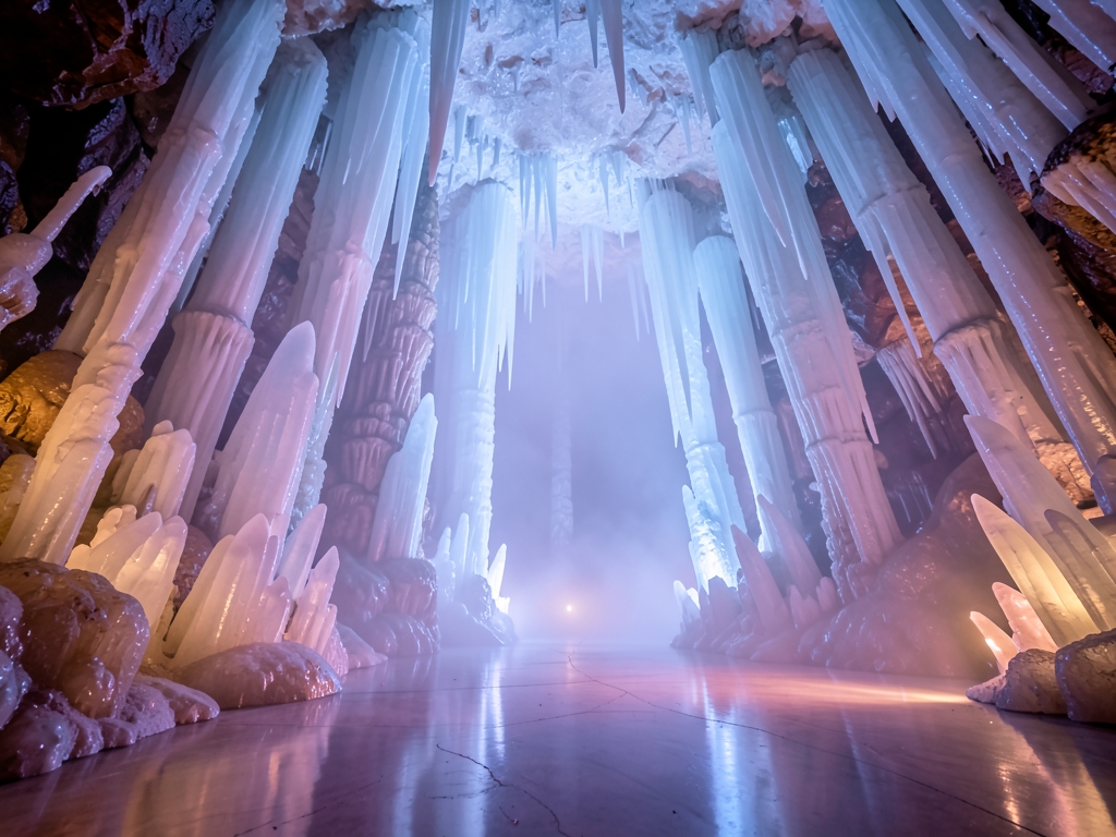 vast underground cavern with towering crystal formations glowing